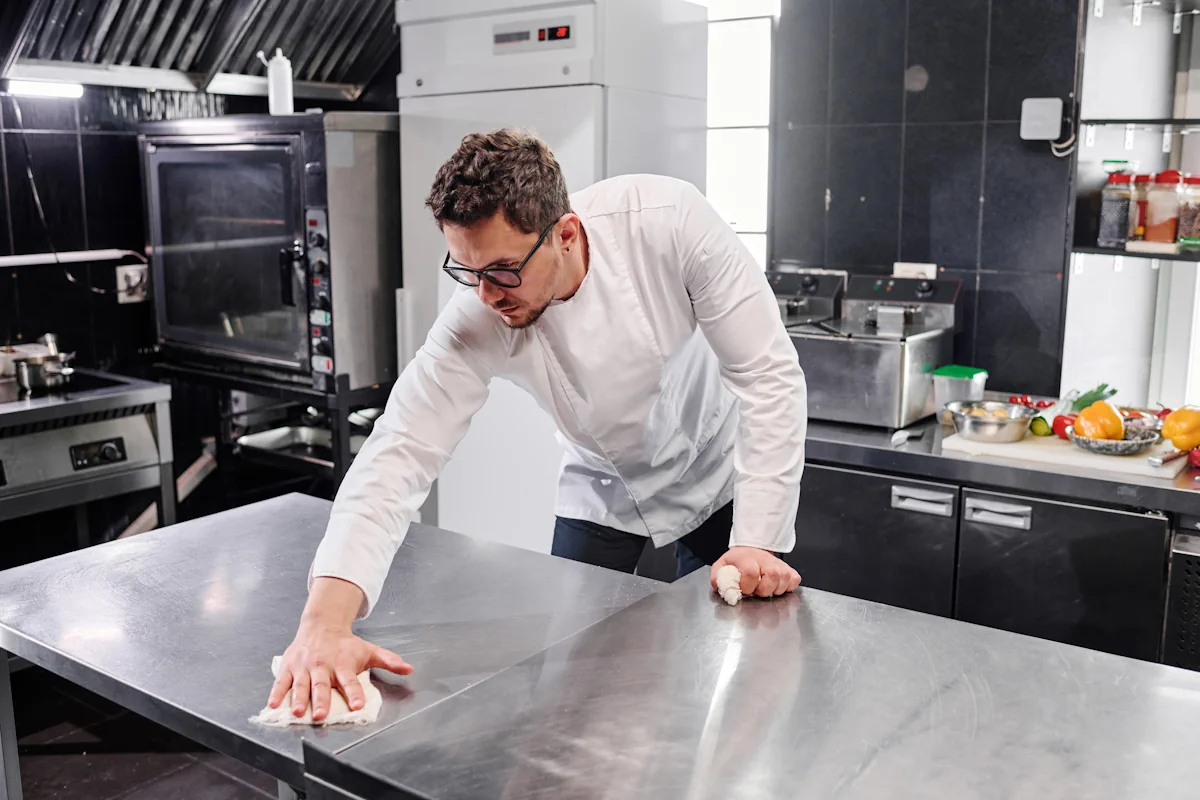 Un homme qui nettoie une table en inox dans une cuisine
