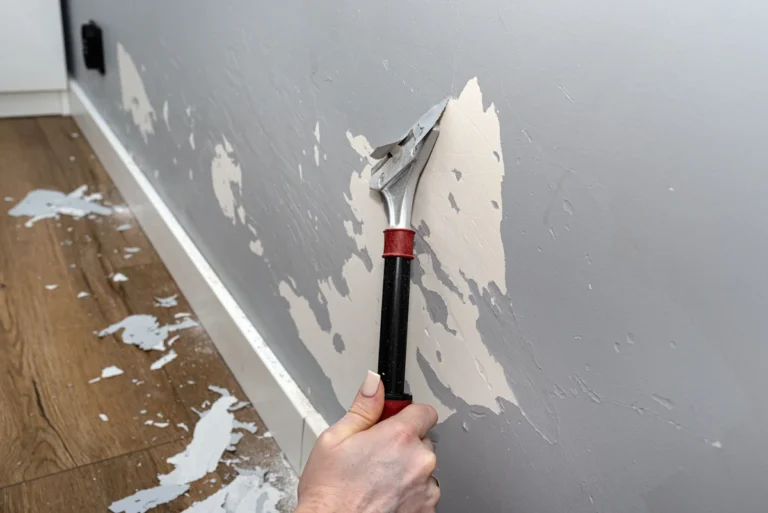 Une personne qui enlève de la peinture sur un mur